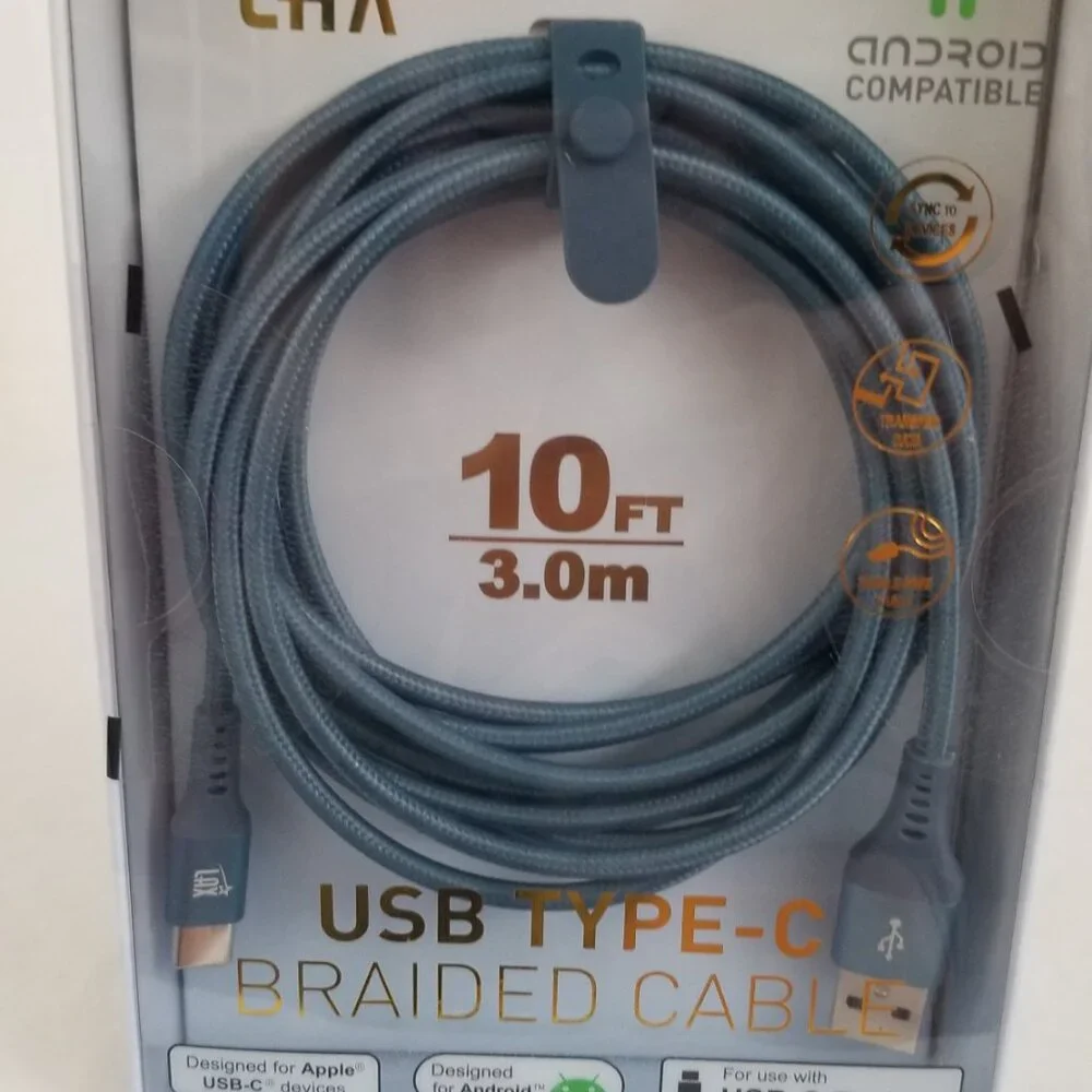 LAX USB Type C Braided Cable Android Apple Compatible 10 Ft. Blue Brand New